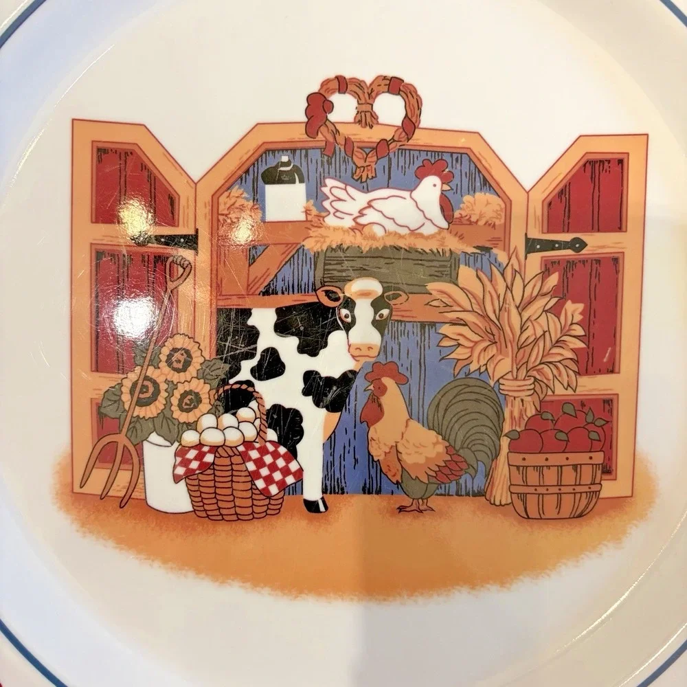 Vintage 1990s Gourmet Design Country Cow Melamine Dinner Plates Set of 9 White